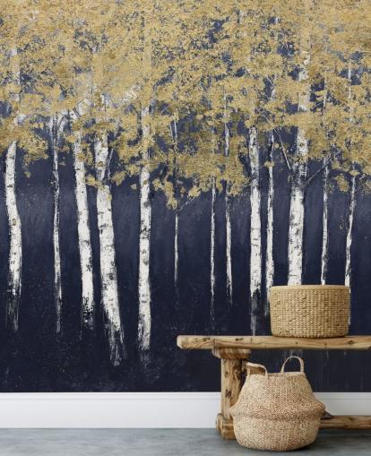 donkerblauw en goudkleurig berkenbehang