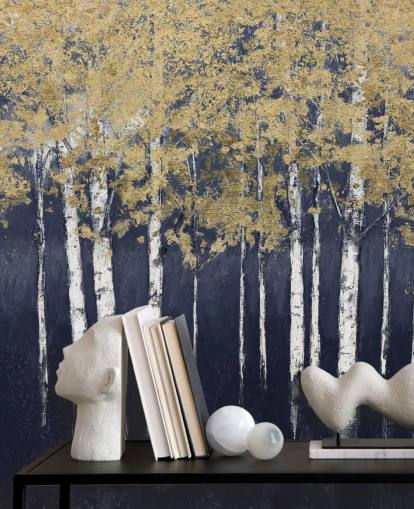 dark blue and gold toned birch wallpaper