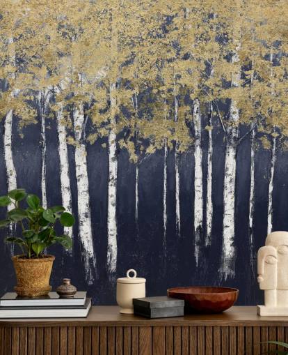 tummansininen ja kultasävyinen koivu tapetti