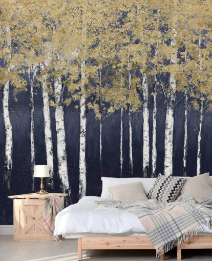 donkerblauw en goudkleurig berkenbehang donkerblauw en goudkleurig berkenbehang