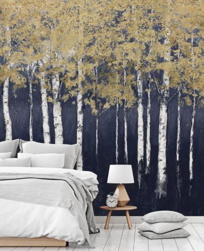 papel de parede de bétula em tons de azul escuro e dourado