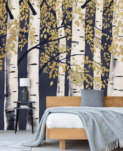 papel pintado abedul oscuro índigo y dorado