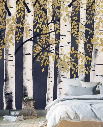 dark indigo and gold birch tree wallpaper