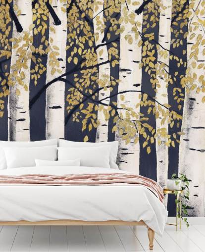 dark indigo and gold birch tree wallpaper
