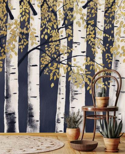 mørk indigo og guld birketræ tapet