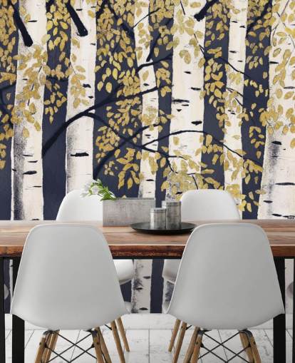 donker indigo en goud berkenboom behang