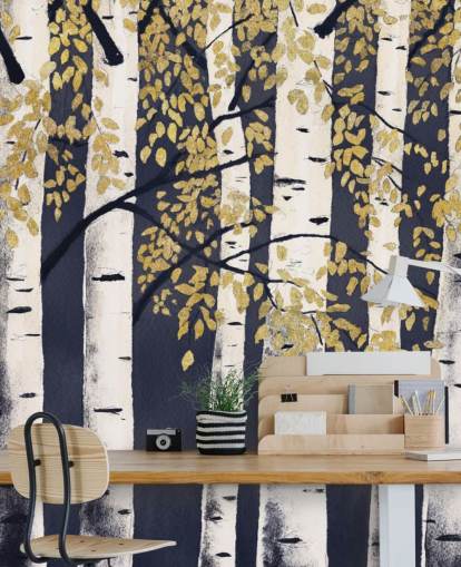 papel pintado abedul oscuro índigo y dorado papel pintado abedul oscuro índigo y dorado