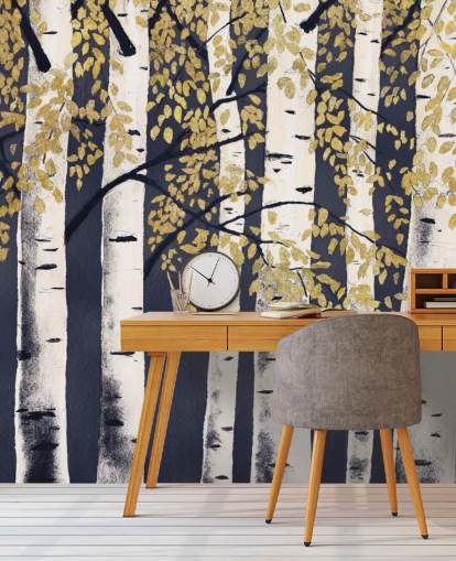 donker indigo en goud berkenboom behang