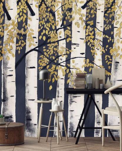 donker indigo en goud berkenboom behang