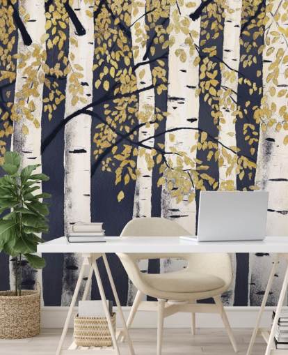 donker indigo en goud berkenboom behang