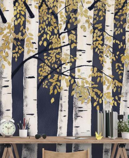 dark indigo and gold birch tree wallpaper