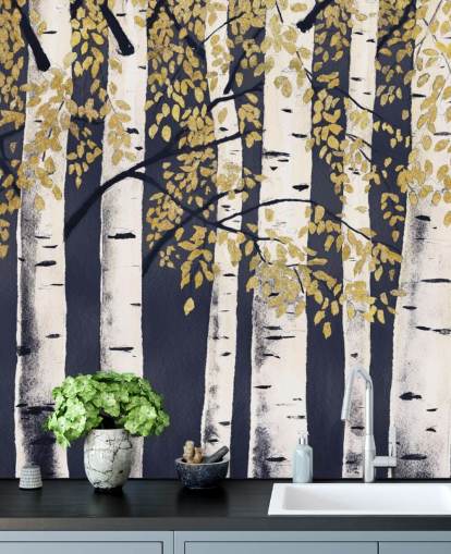 papel pintado abedul oscuro índigo y dorado