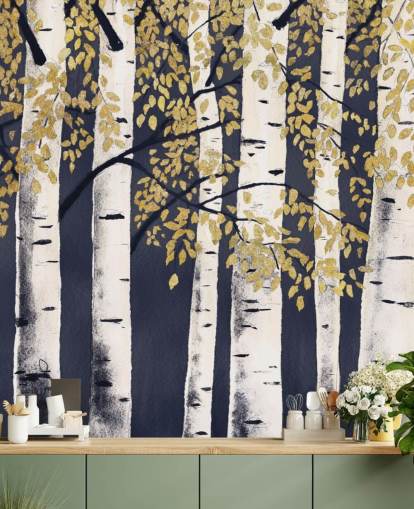 papel pintado abedul oscuro índigo y dorado