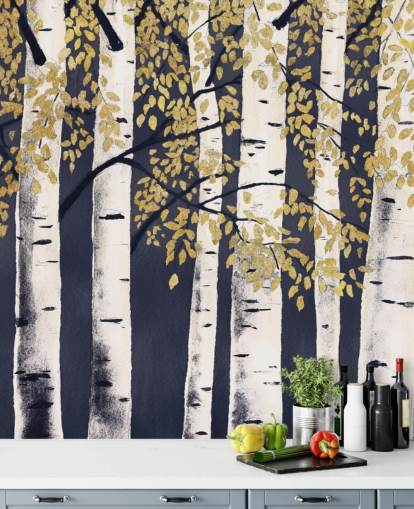 donker indigo en goud berkenboom behang