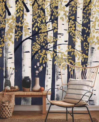 papel pintado abedul oscuro índigo y dorado