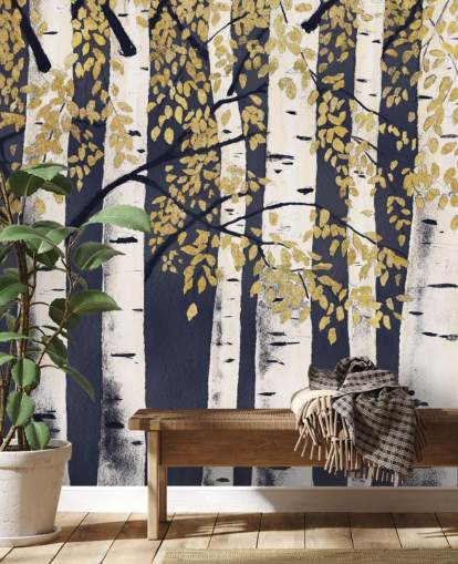 papel pintado abedul oscuro índigo y dorado