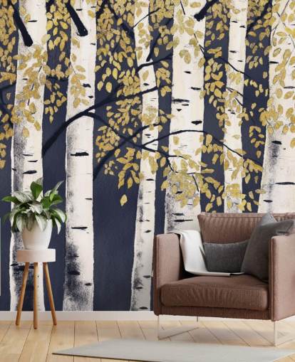 carta da parati con albero di betulla indaco scuro e oro carta da parati con albero di betulla indaco scuro e oro