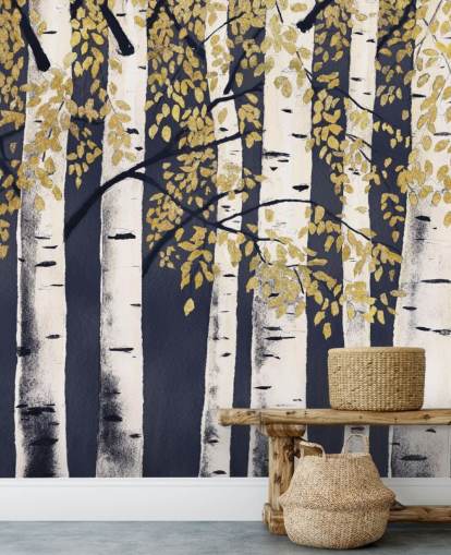 papel pintado abedul oscuro índigo y dorado