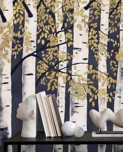papel pintado abedul oscuro índigo y dorado