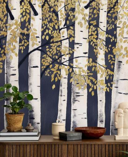papel pintado abedul oscuro índigo y dorado
