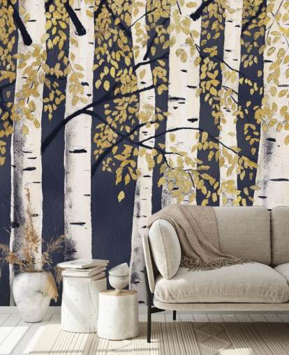 dark indigo and gold birch tree wallpaper