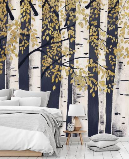 papel pintado abedul oscuro índigo y dorado
