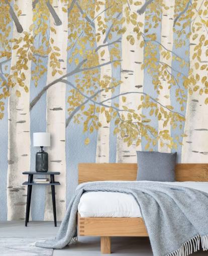 lichtblauw, wit en goud berkenboombehang lichtblauw, wit en goud berkenboombehang