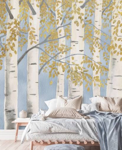 papel de parede de vidoeiro azul claro, branco e dourado papel de parede de vidoeiro azul claro, branco e dourado