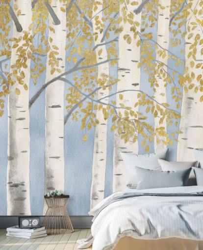 lichtblauw, wit en goud berkenboombehang lichtblauw, wit en goud berkenboombehang