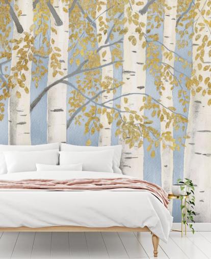 papel de parede de vidoeiro azul claro, branco e dourado