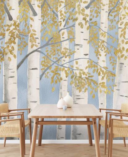 light blue, white and gold birch tree wallpaper