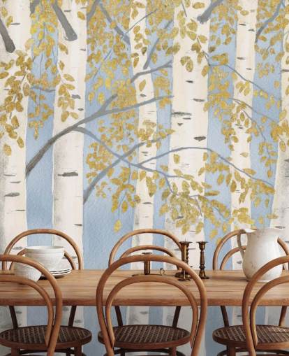 papel pintado de abedul azul claro, blanco y dorado