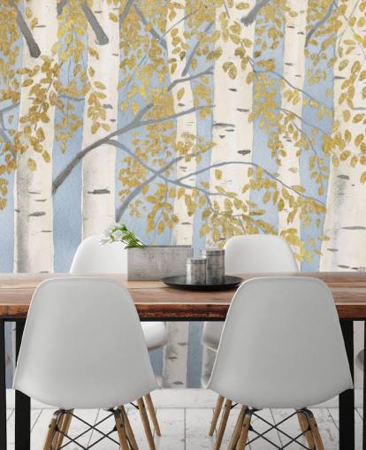 papel de parede de vidoeiro azul claro, branco e dourado