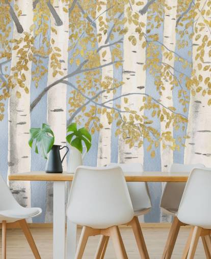 papel pintado de abedul azul claro, blanco y dorado papel pintado de abedul azul claro, blanco y dorado