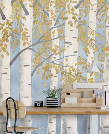 papel pintado de abedul azul claro, blanco y dorado