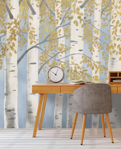 light blue, white and gold birch tree wallpaper
