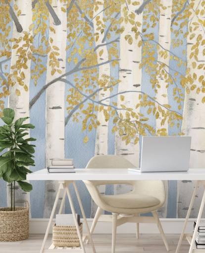 hellblaue, weiße und goldene Birke Tapete