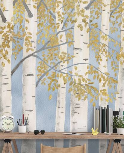 hellblaue, weiße und goldene Birke Tapete