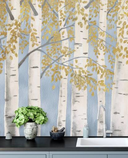 papel de parede de vidoeiro azul claro, branco e dourado