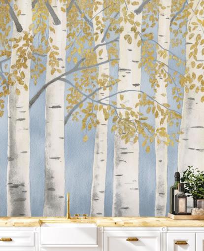 light blue, white and gold birch tree wallpaper