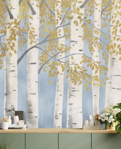 light blue, white and gold birch tree wallpaper