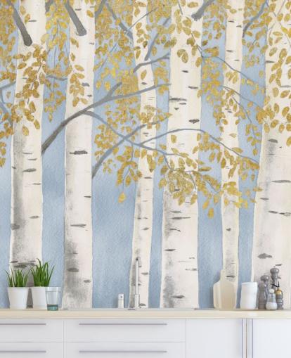 papel pintado de abedul azul claro, blanco y dorado