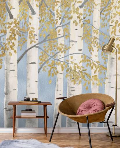light blue, white and gold birch tree wallpaper