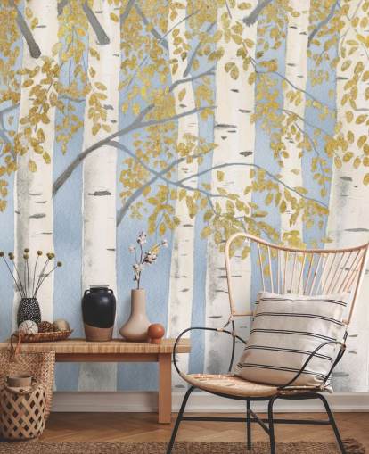 papel de parede de vidoeiro azul claro, branco e dourado papel de parede de vidoeiro azul claro, branco e dourado