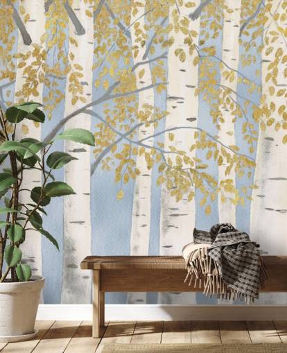 papel pintado de abedul azul claro, blanco y dorado