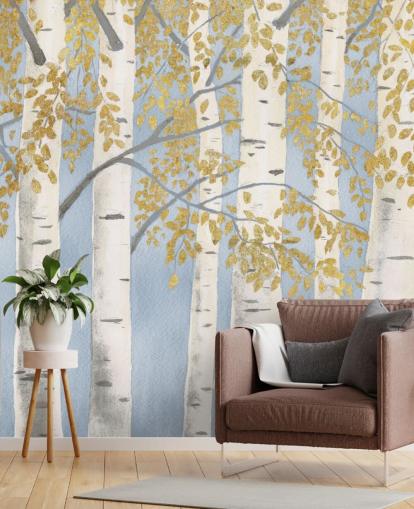 light blue, white and gold birch tree wallpaper