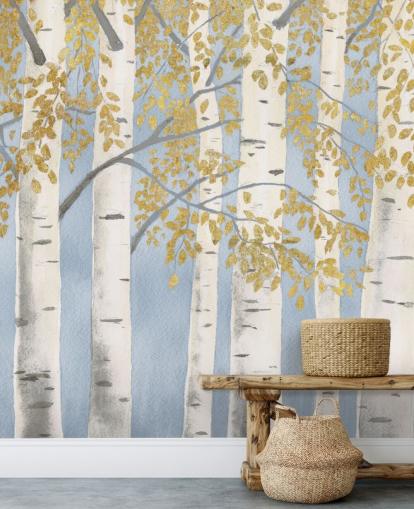 papel de parede de vidoeiro azul claro, branco e dourado