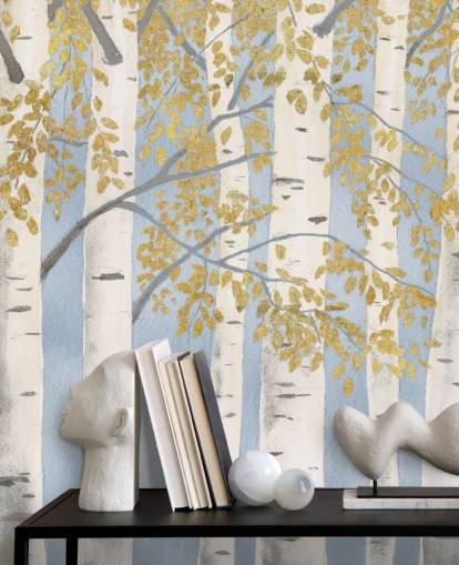 papel de parede de vidoeiro azul claro, branco e dourado