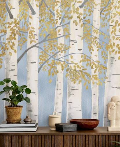 light blue, white and gold birch tree wallpaper