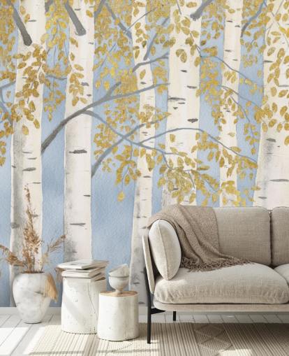 papel pintado de abedul azul claro, blanco y dorado